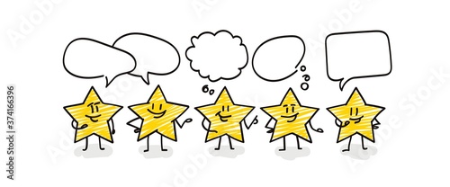 Doodle stick figures: five funny stars with speech bubbles.