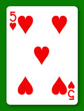 5 Five of Hearts playing card with clipping path to remove background and shadow