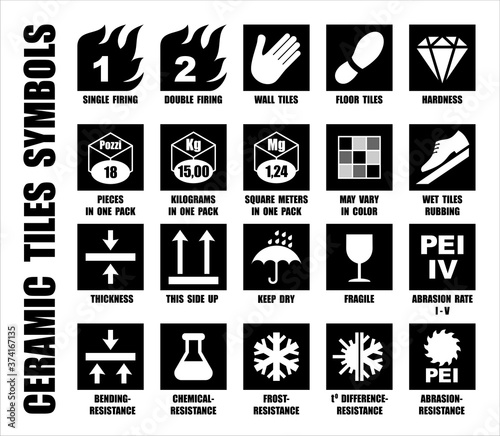 Full set of ceramic tiles packaging symbols with description. Package black square icons isolated on white. International standard ISO pictograms