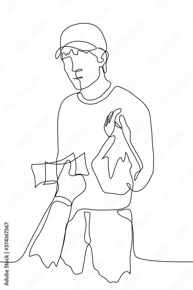 male courier in a cap stands and holds out a package with an order, in response, someone's hand holds out banknotes to him. One continuous line drawing of order delivery process and cash payment male courier in a cap stands and holds out a package with an order, in response, someone's hand holds out banknotes to him. One continuous line drawing of order delivery process and cash payment