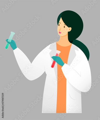 Scientist doing research in lab or hospital. Woman working, studying in science medical laboratory. Innovation workgroup vector illustration. Chemist looking at flasks