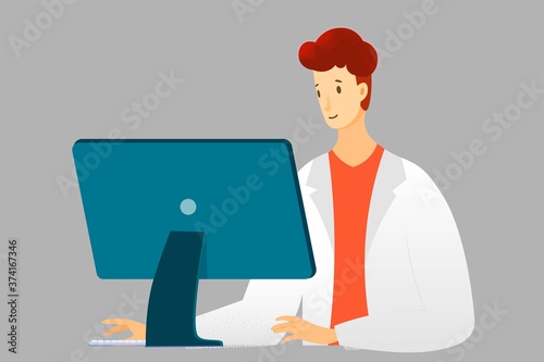Scientist doing research in lab or hospital. Man working, studying in science medical laboratory. Innovation workgroup vector illustration. Chemist looking at computor monitor dat