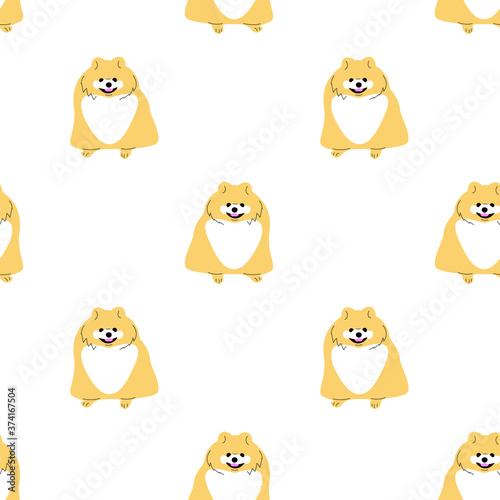 Repeat seamless pattern with flat style cute pomeranian spitz dogs on white background. Stock vector