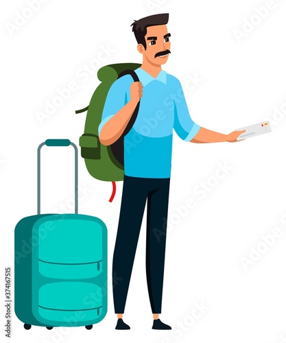 Man traveling on train with suitcase and backpack, giving ticket. Cartoon business worker with luggage bags on holiday vacation. Train railway station vector illustration