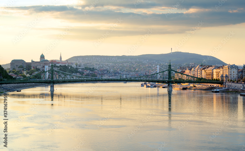 Panoramic view of Danube river and Liberty bridge in Budapest Panoramic view of Danube river and Liberty bridge in Budapest