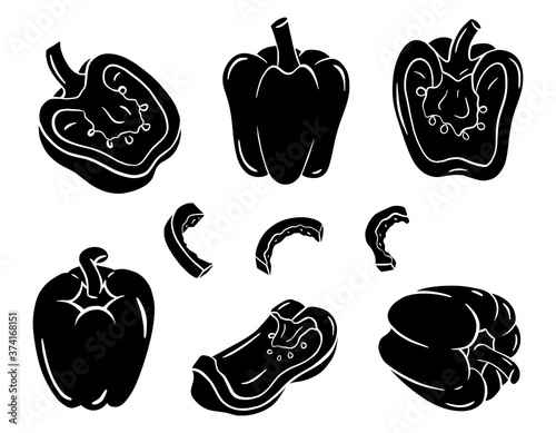A set of sweet pepper silhouettes in an outline style. A fresh vegetable is drawn by hand,isolated on white. Collection of icons for food packaging design.Whole, slices.Black-white vector illustration