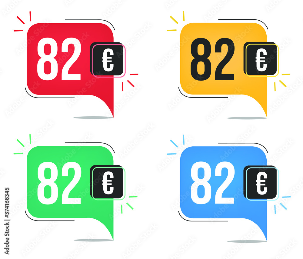82 euro price. Yellow, red, blue and green currency tags with speech balloon concept. 82 euro price. Yellow, red, blue and green currency tags with speech balloon concept.