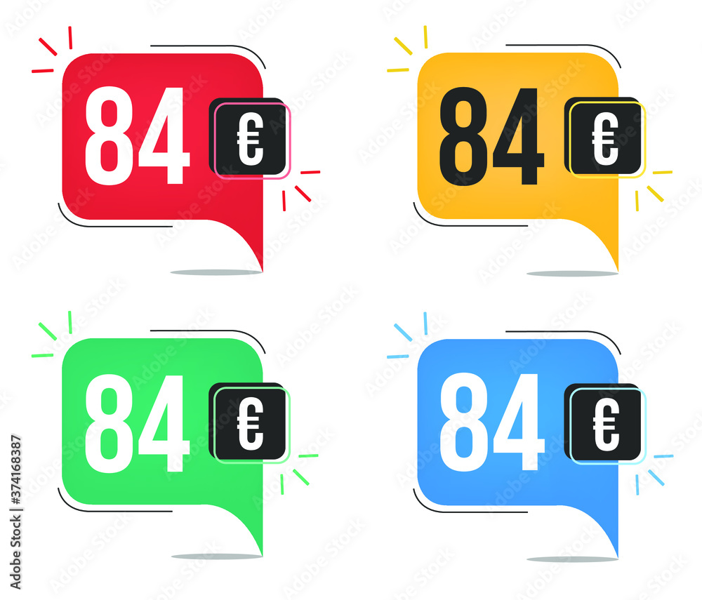 84 euro price. Yellow, red, blue and green currency tags with speech balloon concept. 84 euro price. Yellow, red, blue and green currency tags with speech balloon concept.