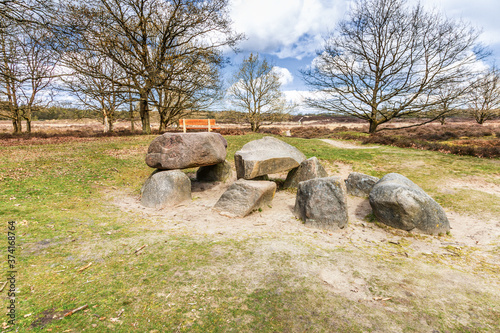 Dolmen D10 in the Dutch province of Drenthe with a background of oak trees. A dolmen or in Dutch a Hunebed is construction work from the new stone age.