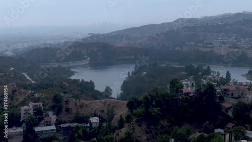Aerial shot panning left of Hollywood Reservoir.