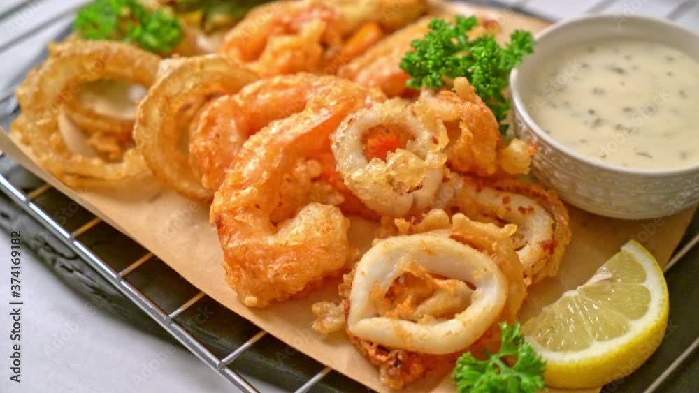 deep fried seafood (shrimps and squid) with mix vegetable deep fried seafood (shrimps and squid) with mix vegetable