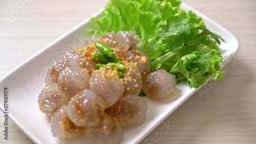 The transparent balls are called Saku Sai Moo or Steamed Tapioca Dumplings Ball with Pork Filling photo