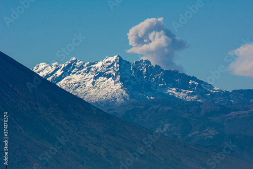 El Altar volcano with snow in the Andes, the Andean landscape near Baños in Ecuador features volcanic glaciers and the beautiful landscape of the Andes, as well as pyroplastic flows from the Sangay vo