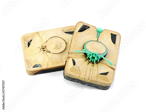 Rubber molds have green wax inside, used in the manufacture of jewelry in jewelry factories, placed on a white background.