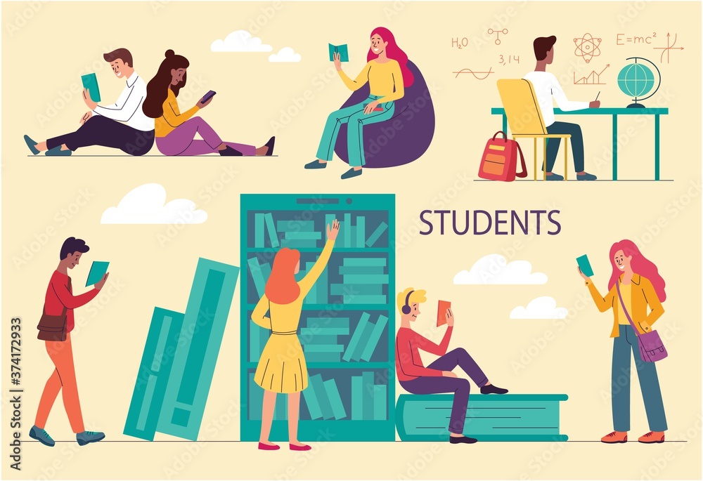 Diverse multiracial college or University students studying. Solving physical and chemical problems, write formulas, read books in the library, and listen to podcasts. Flat vector illustration.
