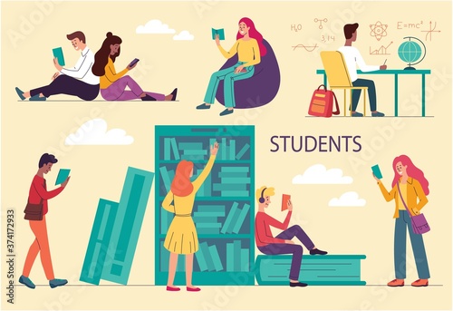 Diverse multiracial college or University students studying. Solving physical and chemical problems, write formulas, read books in the library, and listen to podcasts. Flat vector illustration.