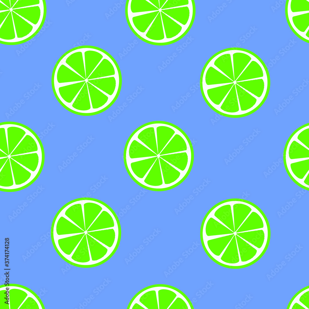 Citrus lime slice tropical fruit seamless pattern isolated on blue background. Summer green fresh background. Candy sweet green lobules juice. Healthy food. 