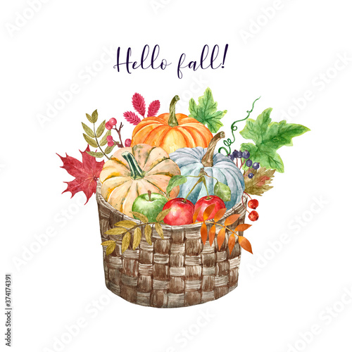 Watercolor fall harvest illustration. Pumpkins, leaves, apples, berries in a ...
