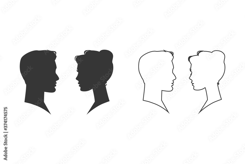 Man and woman silhouette face to face. Line icon set. Vector illustration