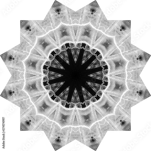 Halftone ornament, monochrome pattern. Drawing vintage style. Grunge texture. Points vintage drawing. Abstract art background. Modern symmetric pattern. Festive art backdrop. Creative vector element