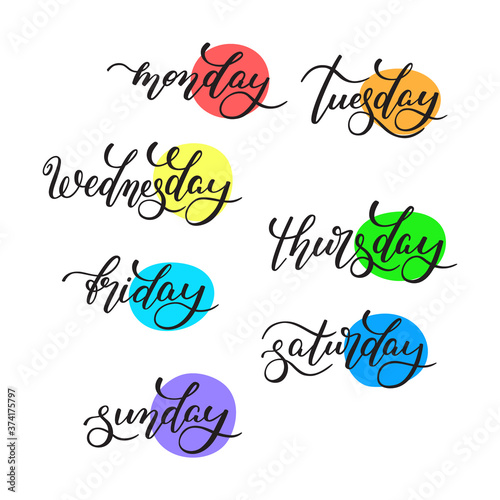 Lettering days of the week - Monday, Tuesday, Wednesday, Thursday, Friday, Saturday, Sunday. Handwritten words for calendar, weekly plan, organizer.