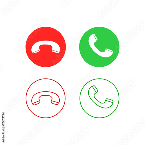 Phone call line icon set. Accept call and decline button. Green and red buttons with handset silhouettes. Vector icons set isolated on white background