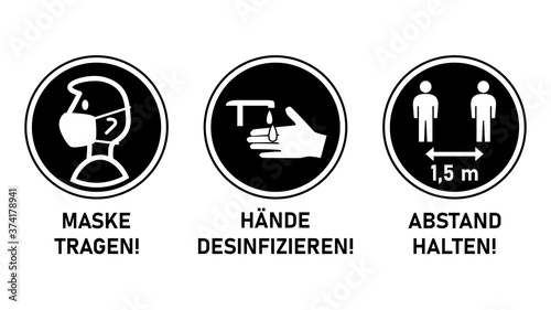 Round Instruction Signs in German with Basic Set of Measures against the Spread of Coronavirus Covid-19 including Wear a Mask, Sanitize Hands and Keep Distance 1,5 m or 1,5 Meters. Vector Image.