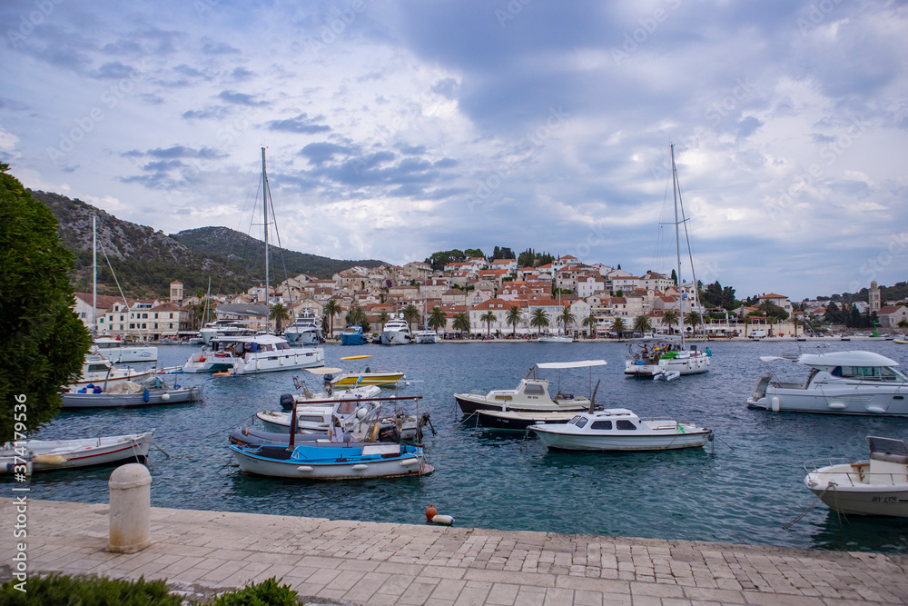 Hvar/Croatia-August 4th,2020: Beautiful center of Hvar town, popular tourist and sailing destination in the adriatic sea