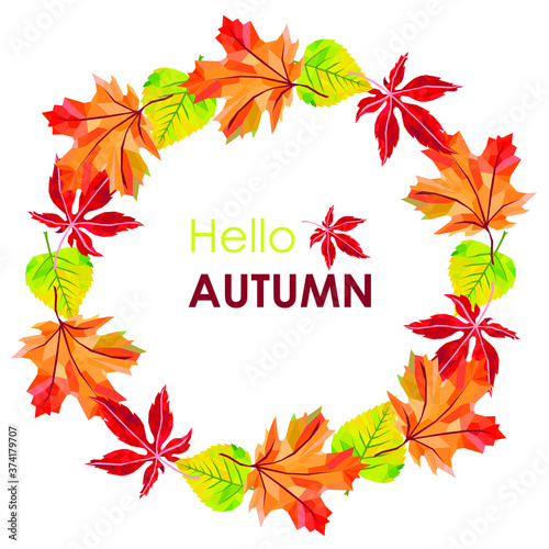 hello autumn round frame made of autumn leaves vector