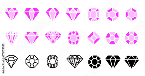 Jewels diamond icons. Diamonds gems, luxury jewel gemstones and precious gem. Crystal gemstone, jeweler gems precious or jeweller brilliant treasure. Isolated vector bijou, precious flat line pattern 