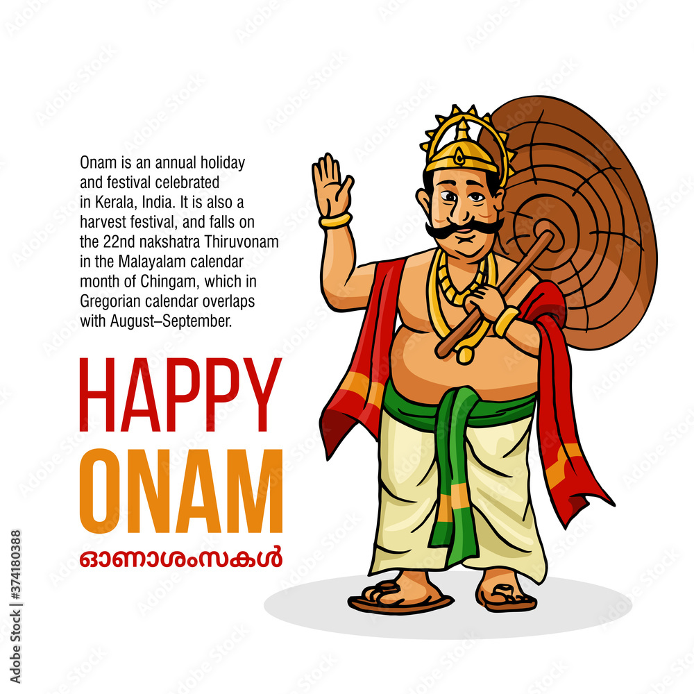 Kerala Onam Festival Mahabali also kown Maveli in White Background with  Happy Onam Text Stock Vector | Adobe Stock