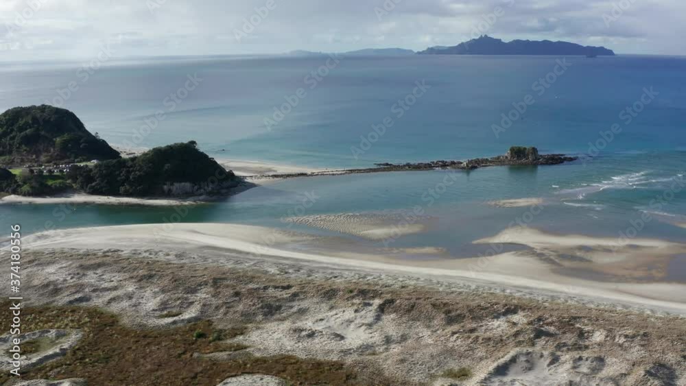 Panning Aerial Shot of the Beautiful Beach Landscape of Mangawhai.