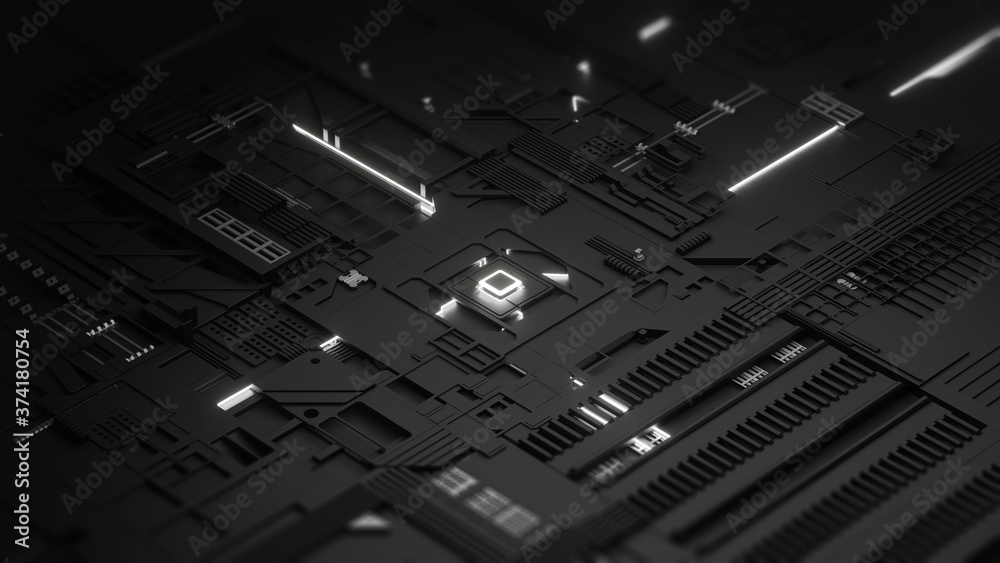 3D rendering of CPU processor on a circuit board