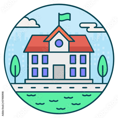 
Flat design of school icon, a flagged building 
