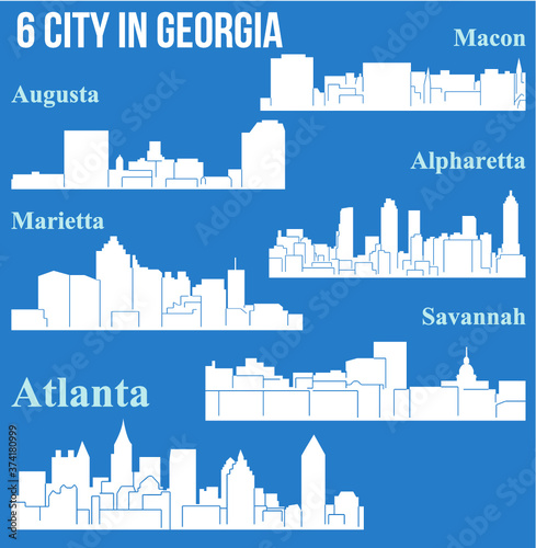 6 City silhouette in Georgia (Atlanta, Augusta, Alpharetta, Savannah, Macon, Marietta) photo