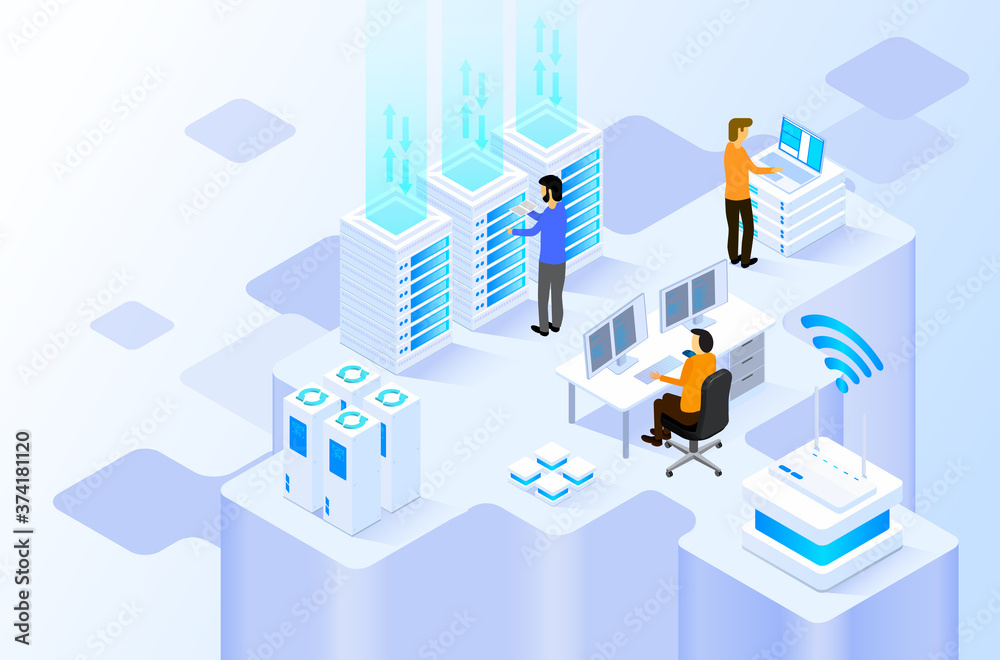 Obraz premium data center or server room processing data operation with security protection and maintenance with isometric design style - vector