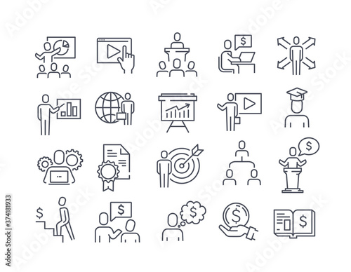 Large set of black and white business training icons showing presentations, discussion, goals, meetings, success and achievements, vector illustrations for design elements