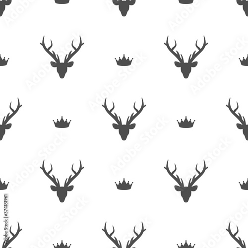 seamless pattern with black silhouette of deer head with royal crown.