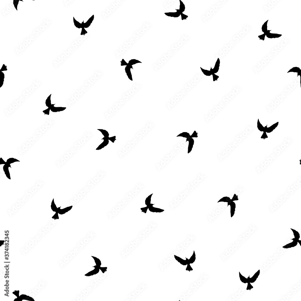 Seamless abstract pattern with black flying birds on white background.