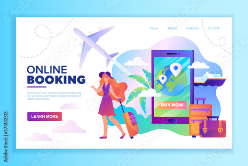 Online travel booking concept with tourist, baggage, ship, airplane and mobile phone app, colored vector web page template illustration