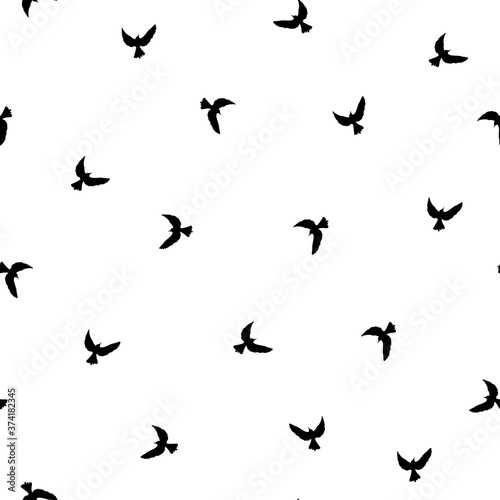 Seamless abstract pattern with black flying birds on white background. © Ne Mariya