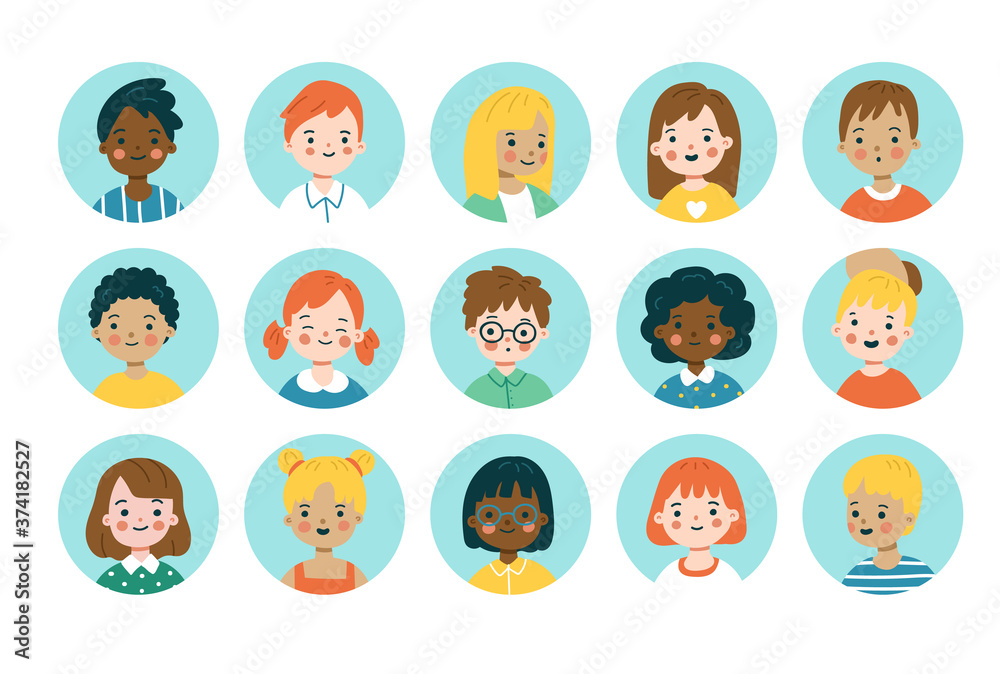 Kids portraits set. Vector illustration of cute children's faces in flat cartoon style. Collection of avatars. Elements are isolated. Kids portraits set. Vector illustration of cute children's faces in flat cartoon style. Collection of avatars. Elements are isolated.