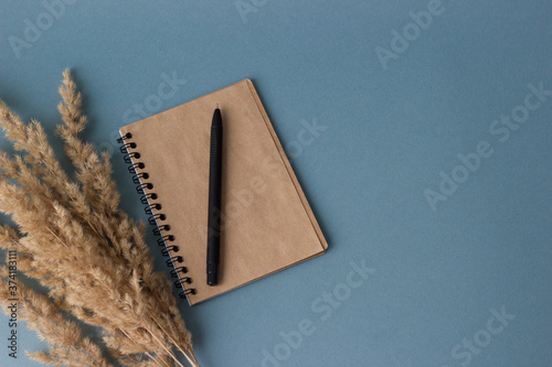 Notebook and pen on a blue background