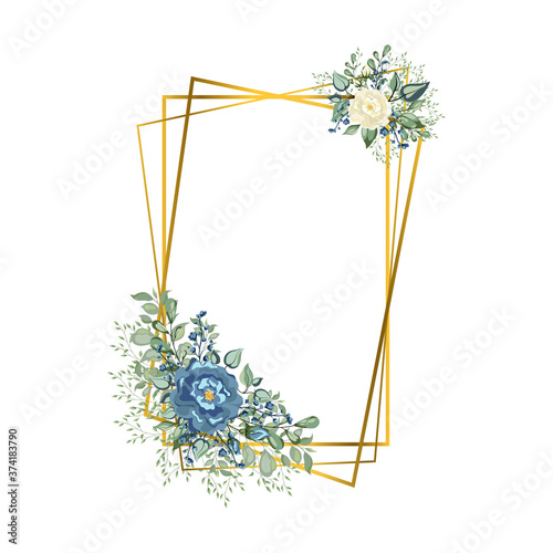 Square Frame golden crystal. Geometric crystal stone polyhedron mosaic shape. Floral wedding invitation card with rose,cotton,succulent,eucalypyus leaves in watercolor style