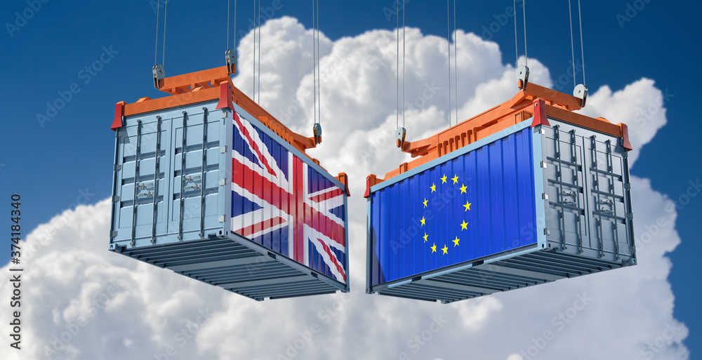 Freight containers with United Kingdom and European Union national flags. 3D Rendering 