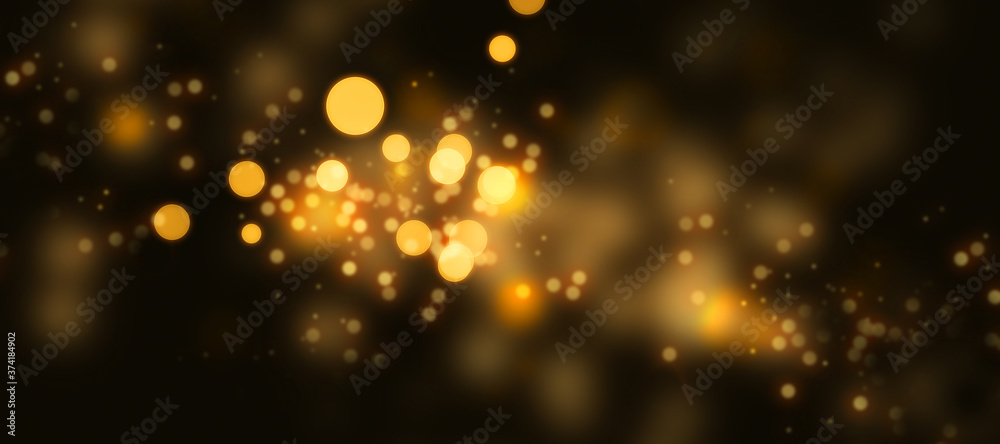 Dark background with luminous golden light effects. Horizontal background with blur bokeh effects for christmas time. Special occasion concept with space for text. - obrazy, fototapety, plakaty 