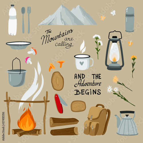 camping set with mountains on the beige background