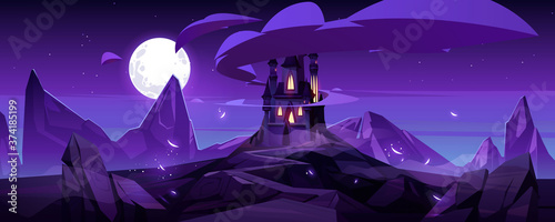 Magic castle at night on mountain, fairytale palace with turrets and rocky road under purple sky with full moon and clouds in sky. Fantasy fortress, medieval architecture. Cartoon vector illustration