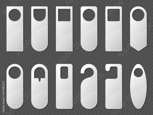 Door hangers mockup set. Blank paper or plastic empty labels of various shapes for hotel doorknob room, dont disturb signs, messages on entrance knobs, Realistic 3d vector illustration, icons, mock up