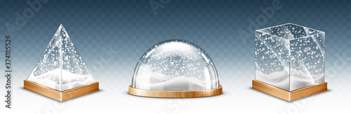 Realistic glass cube, pyramid and dome with snowflakes, christmas snow globe souvenirs isolated on transparent background, crystal containers on base. Festive xmas gifts mockup Realistic 3d vector set